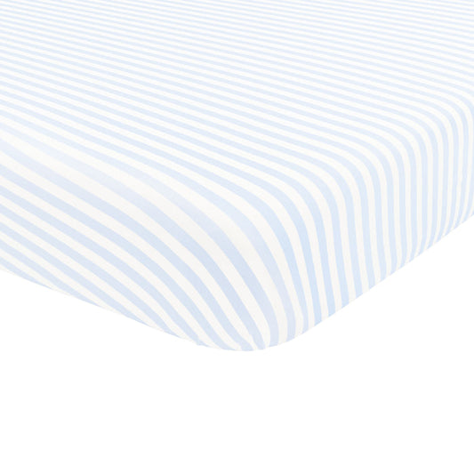 Corner of Mini Crib Sheet in Small Mist Stripe shown on a mattress