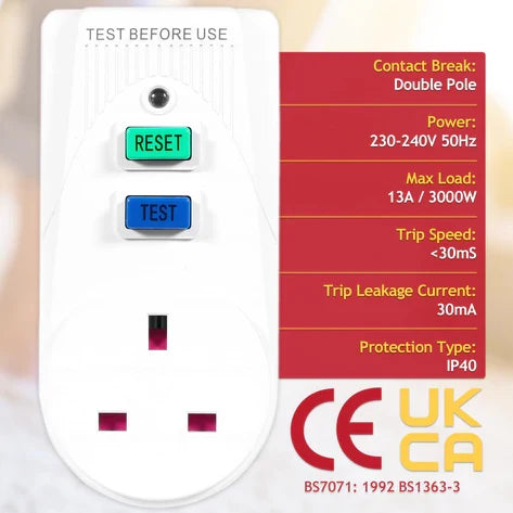RCD Mains Plug Safety Adaptor Single Socket Circuit Breaker Electrical Power Trip Switch Adaptor