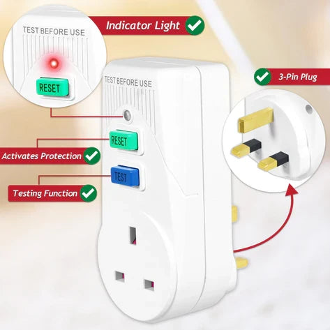 RCD Mains Plug Safety Adaptor Single Socket Circuit Breaker Electrical Power Trip Switch Adaptor